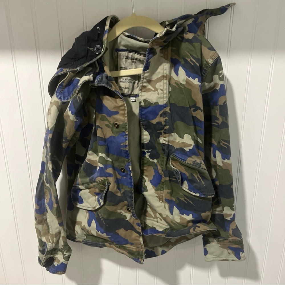 Zadig & Voltaire Kids Blue Camouflage Button Up Jacket Hood Coat Size 8